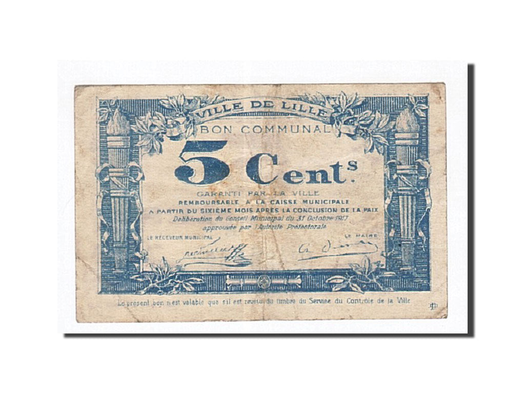 Banknote, Pirot:59-1630, 5 Centimes, 1917, France, AU(55-58), Lille