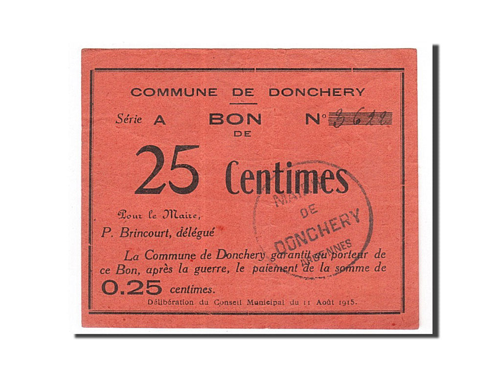 Banknote, Pirot:08-114, 25 Centimes, 1915, France, AU(55-58), Donchery