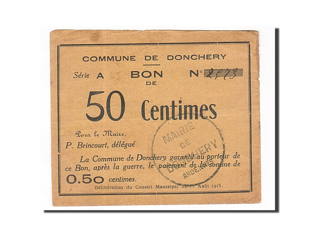 Banknote, Pirot:08-115, 50 Centimes, 1915, France, EF(40-45), Donchery