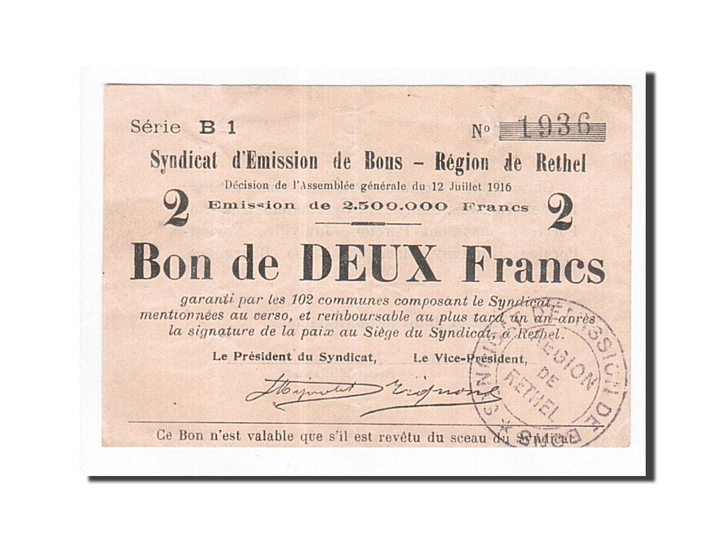 Banknote, Pirot:08-168, 2 Francs, 1916, France, AU(50-53), Rethel