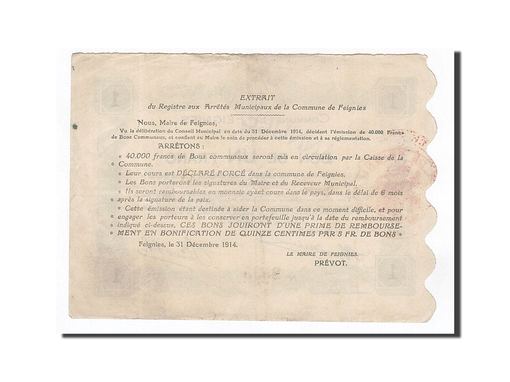 Banknote, Pirot:59-925, 1 Franc, 1914, France, AU(50-53), Feignies