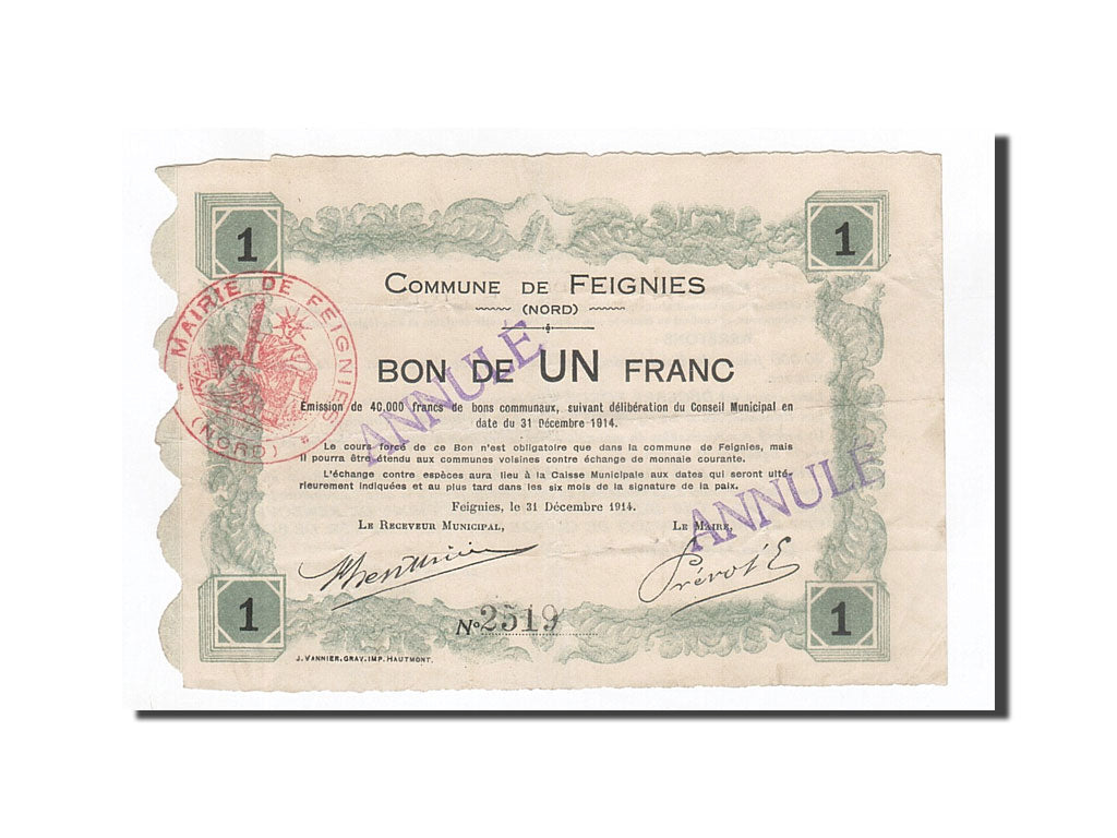 Banknote, Pirot:59-925, 1 Franc, 1914, France, EF(40-45), Feignies