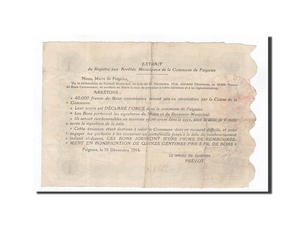 Banknote, Pirot:59-925, 1 Franc, 1914, France, EF(40-45), Feignies