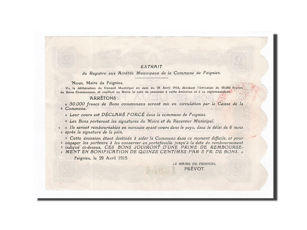 Banknote, Pirot:59-935, 2 Francs, 1915, France, AU(55-58), Feignies