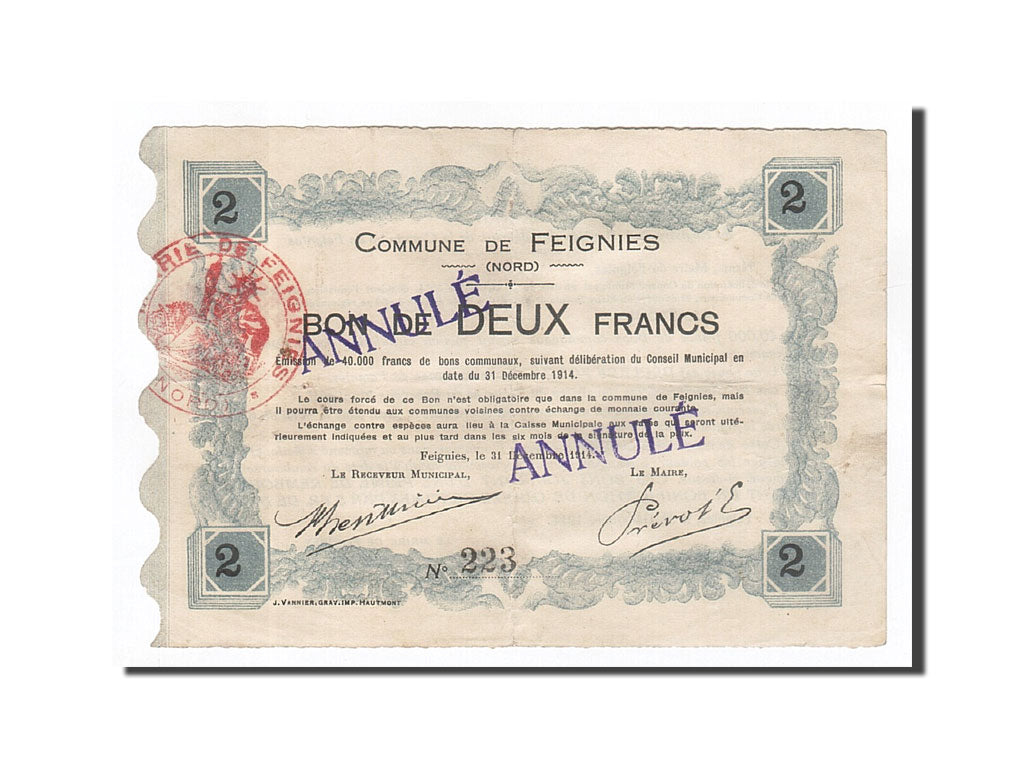 Banknote, Pirot:59-926, 2 Francs, 1914, France, EF(40-45), Feignies