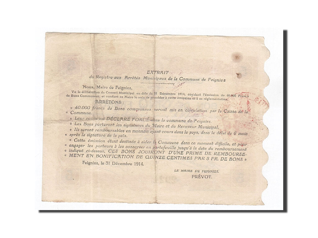 Banknote, Pirot:59-927, 5 Francs, 1914, France, EF(40-45), Feignies