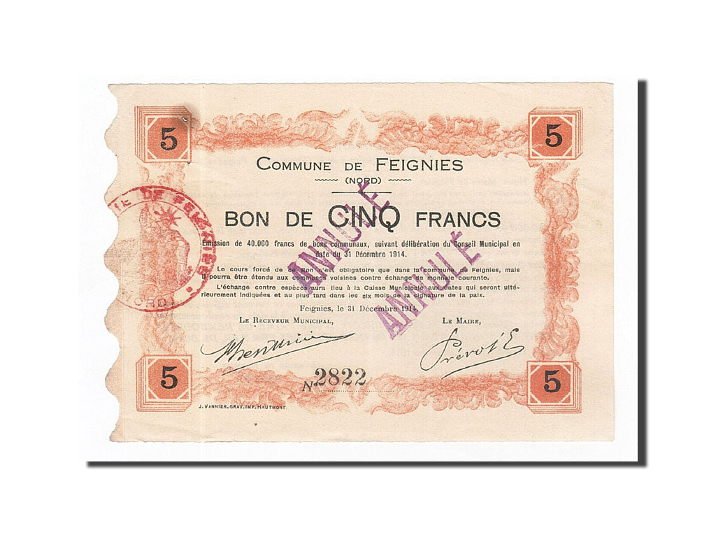 Banknote, Pirot:59-927, 5 Francs, 1914, France, AU(50-53), Feignies
