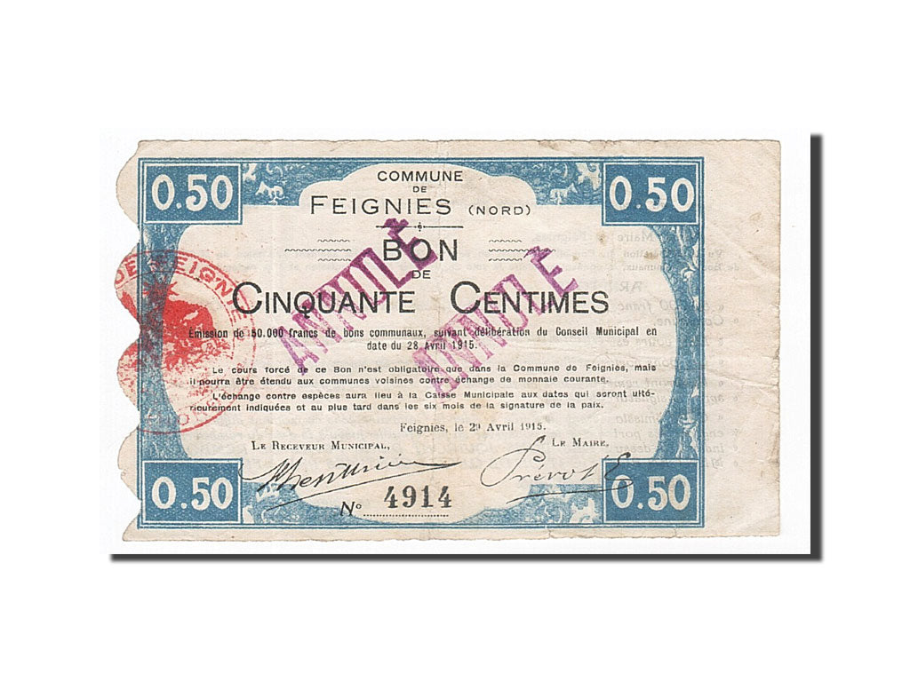 Banknote, Pirot:59-934, 50 Centimes, 1915, France, VF(30-35), Feignies