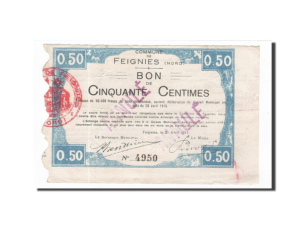 Banknote, Pirot:59-934, 50 Centimes, 1915, France, EF(40-45), Feignies
