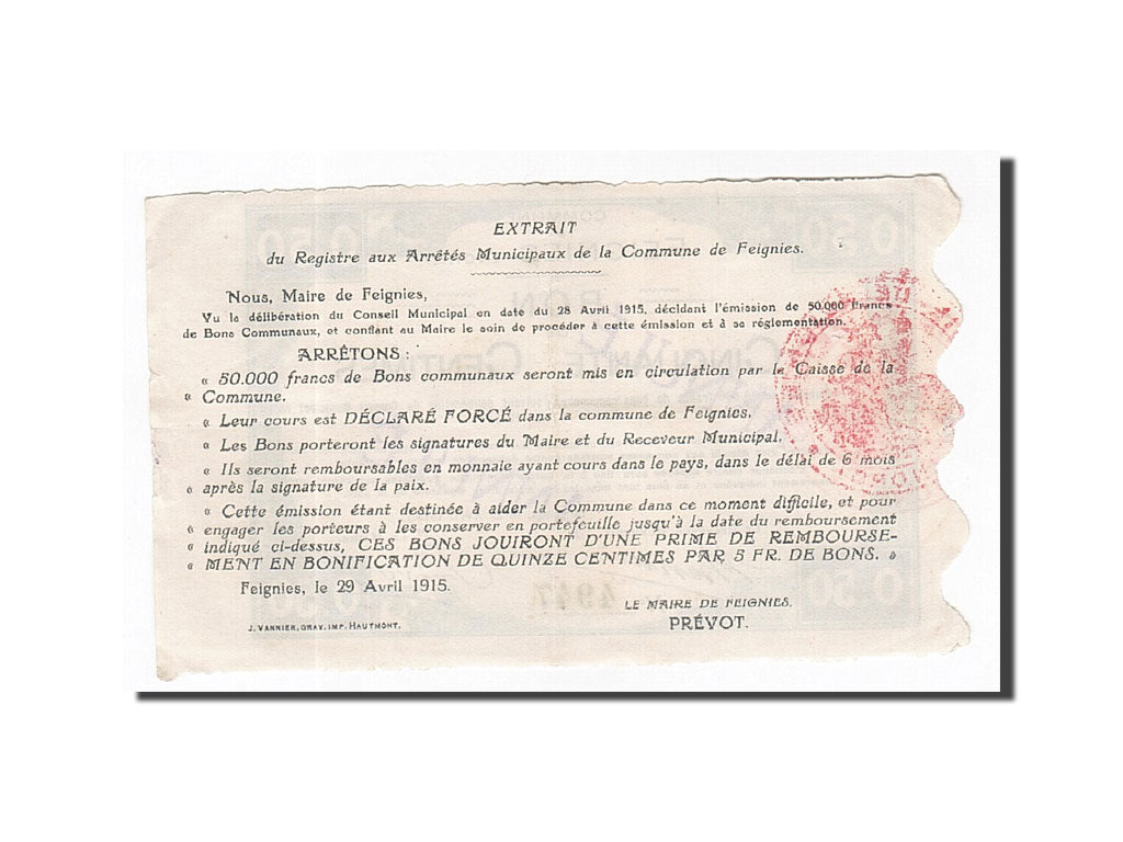 Banknote, Pirot:59-934, 50 Centimes, 1915, France, AU(55-58), Feignies