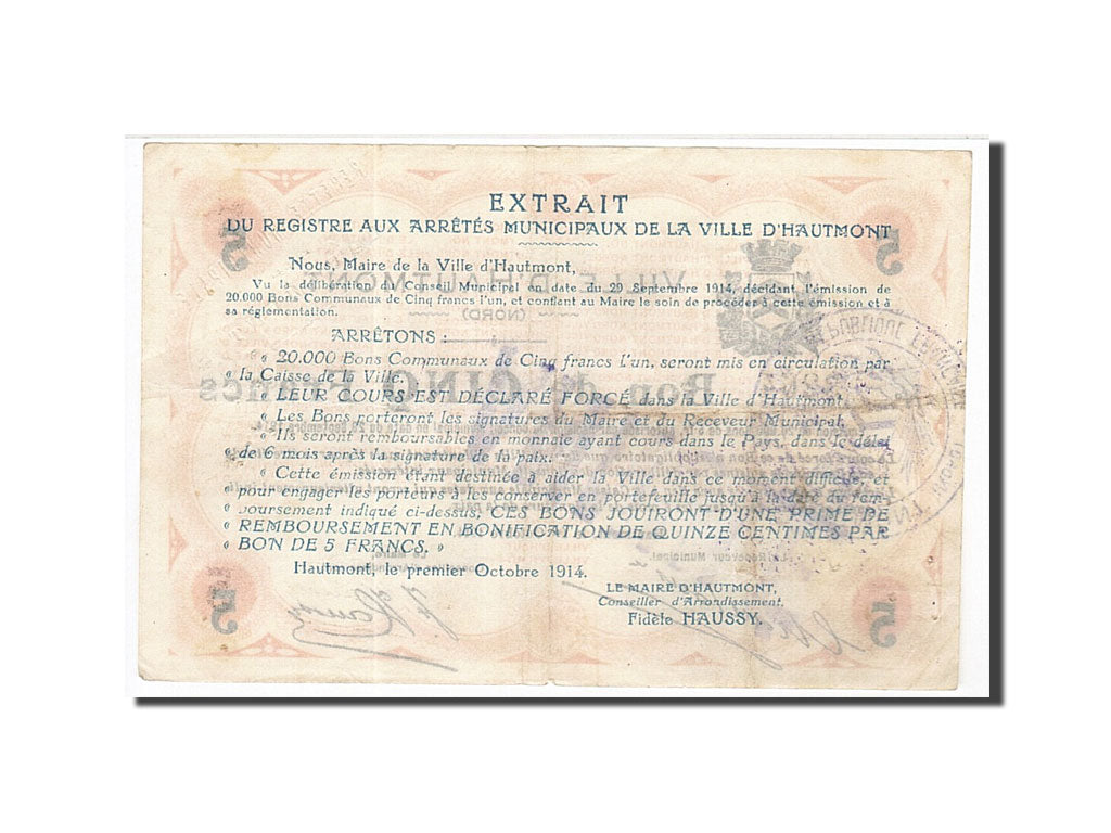 Banknote, Pirot:59-1291, 5 Francs, 1914, France, EF(40-45), Hautmont