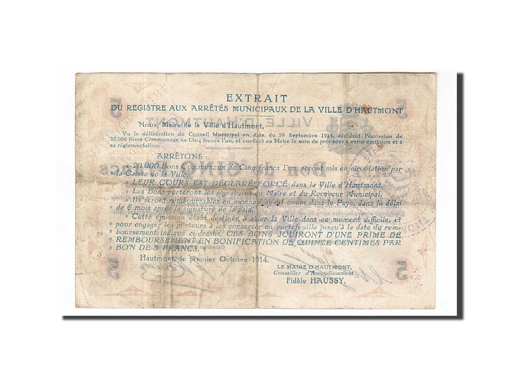 Banknote, Pirot:59-1291, 5 Francs, 1914, France, VF(30-35), Hautmont