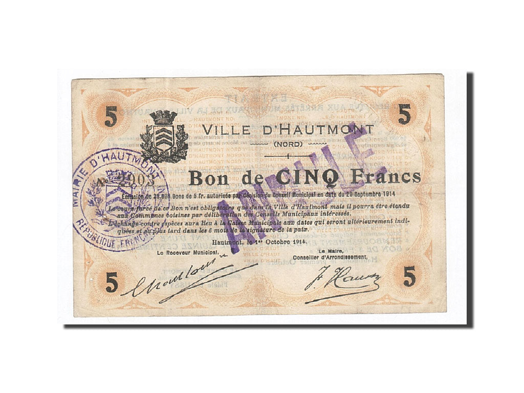 Banknote, Pirot:59-1291, 5 Francs, 1914, France, VF(20-25), Hautmont