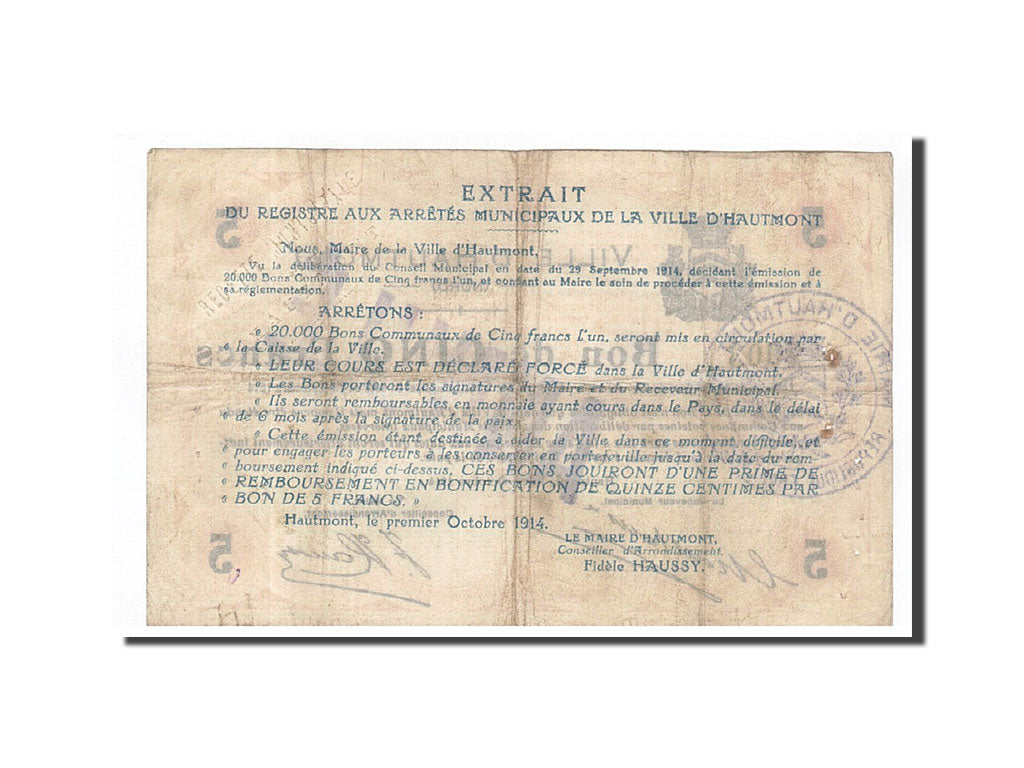 Banknote, Pirot:59-1291, 5 Francs, 1914, France, VF(20-25), Hautmont