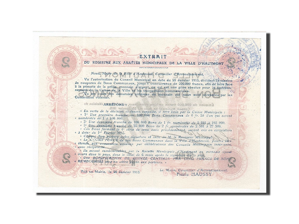 Billete, 2 Francs, Pirot:59-1300, 1915, Francia, UNC, Hautmont