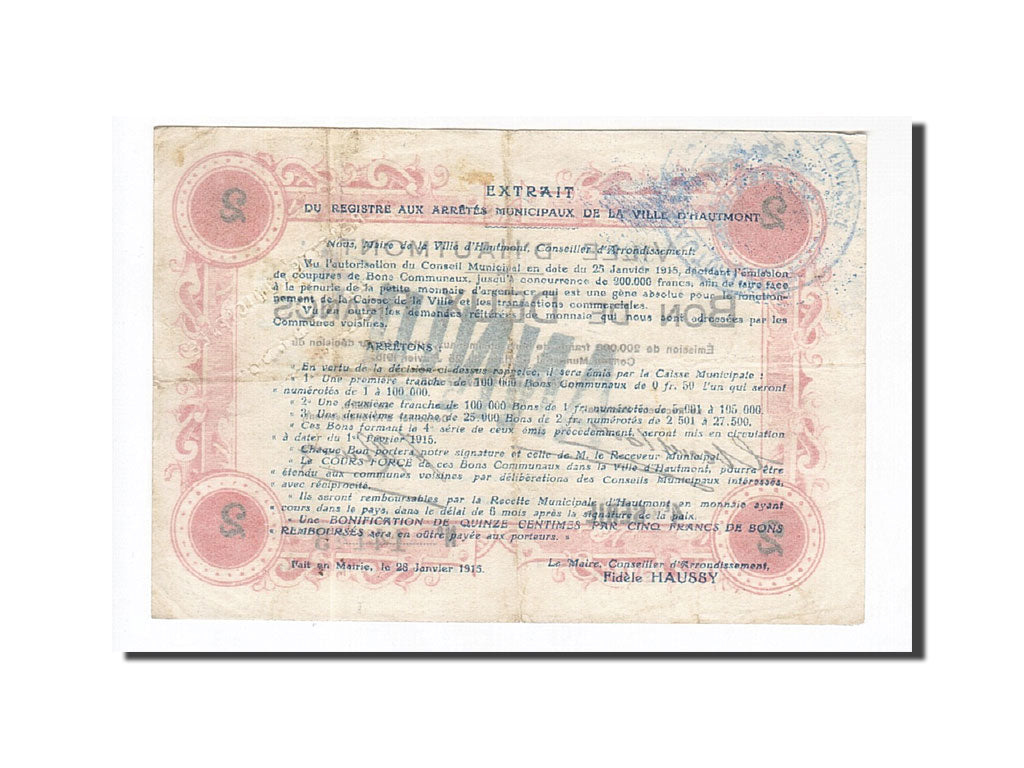 Banknote, Pirot:59-1300, 2 Francs, 1915, France, EF(40-45), Hautmont