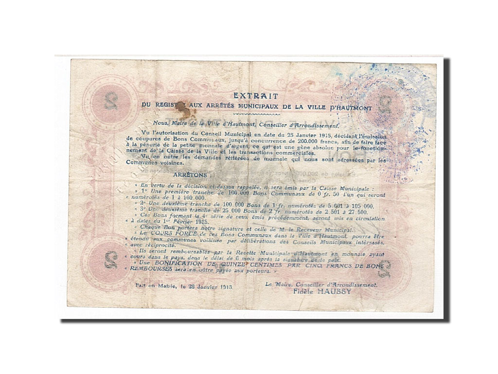 Banknote, Pirot:59-1300, 2 Francs, 1915, France, VF(30-35), Hautmont