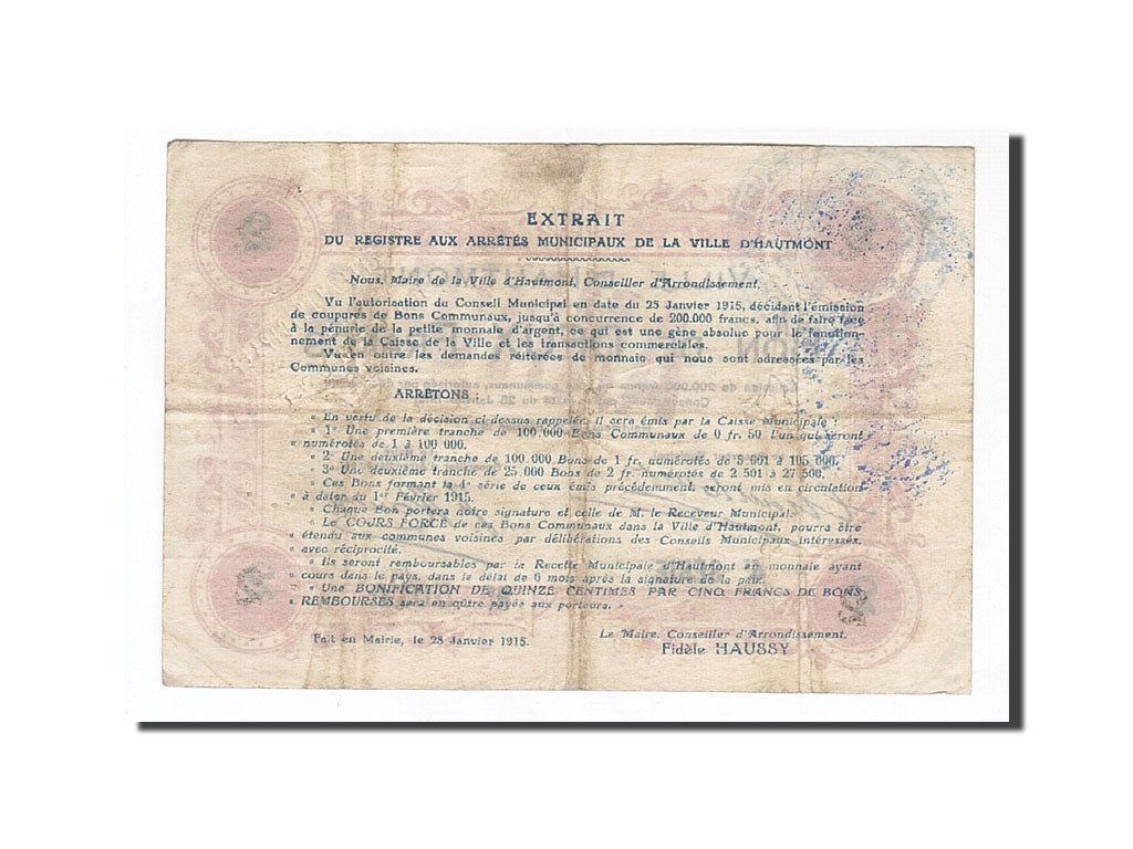 Banknote, Pirot:59-1300, 2 Francs, 1915, France, VF(20-25), Hautmont