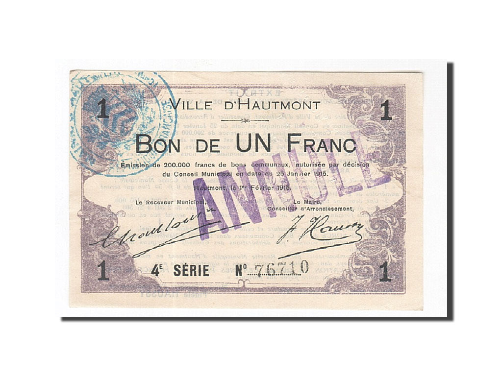 Banknote, Pirot:59-1298, 1 Franc, 1915, France, AU(55-58), Hautmont