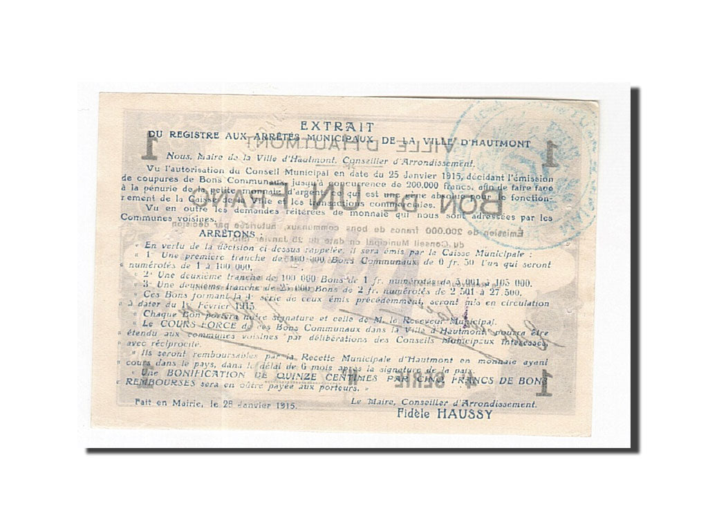 Banknote, Pirot:59-1298, 1 Franc, 1915, France, AU(55-58), Hautmont