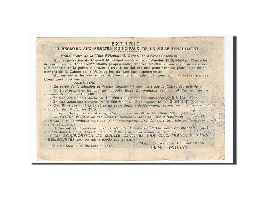 Banknote, Pirot:59-1296, 50 Centimes, 1915, France, EF(40-45), Hautmont
