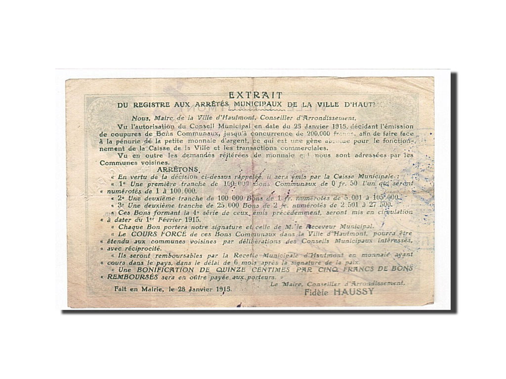 Banknote, Pirot:59-1296, 50 Centimes, 1915, France, VF(30-35), Hautmont