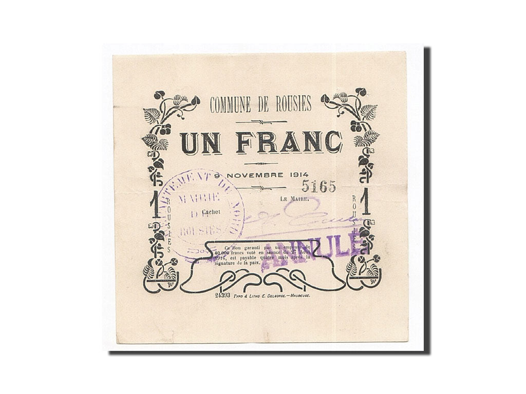 Banknote, Pirot:59-2234, 1 Franc, 1914, France, EF(40-45), Rousies