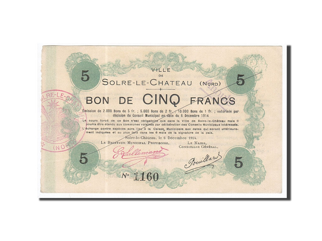 Banknote, Pirot:59-2375, 5 Francs, 1914, France, UNC(63), Solre-le-Château