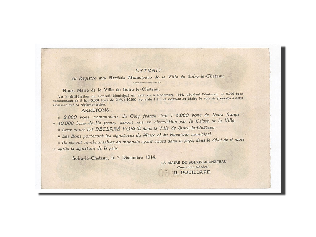 Banknote, Pirot:59-2375, 5 Francs, 1914, France, UNC(63), Solre-le-Château
