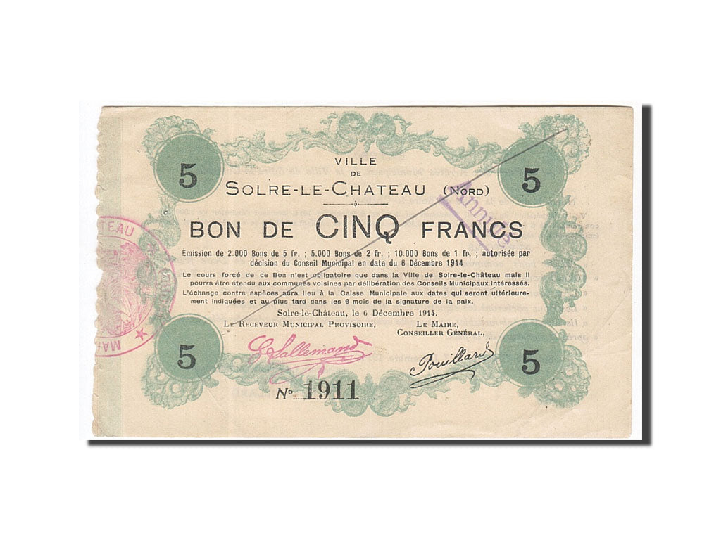 Banconote, Pirot:59-2375, SPL-, Solre-le-Château, 5 Francs, 1914, Francia
