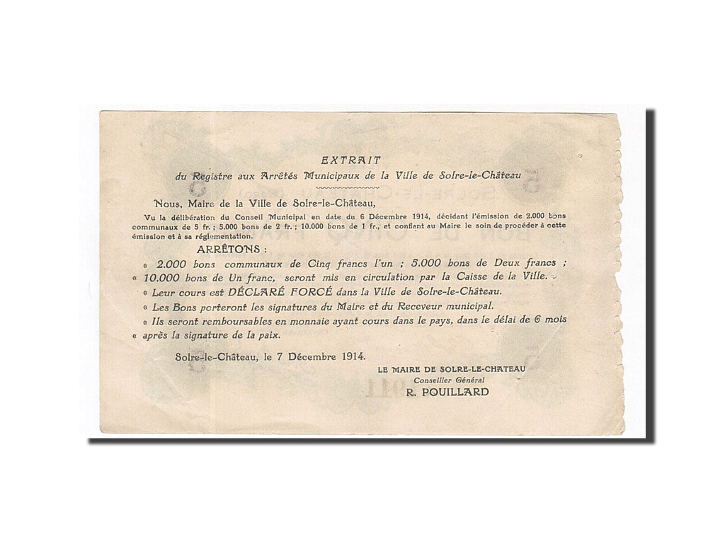 Banconote, Pirot:59-2375, SPL-, Solre-le-Château, 5 Francs, 1914, Francia