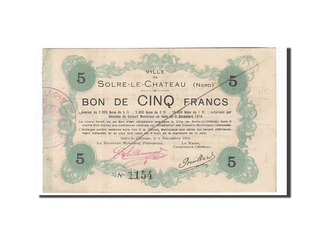 Geldschein, Frankreich, Solre-le-Château, 5 Francs, 1914, SS, Pirot:59-2375