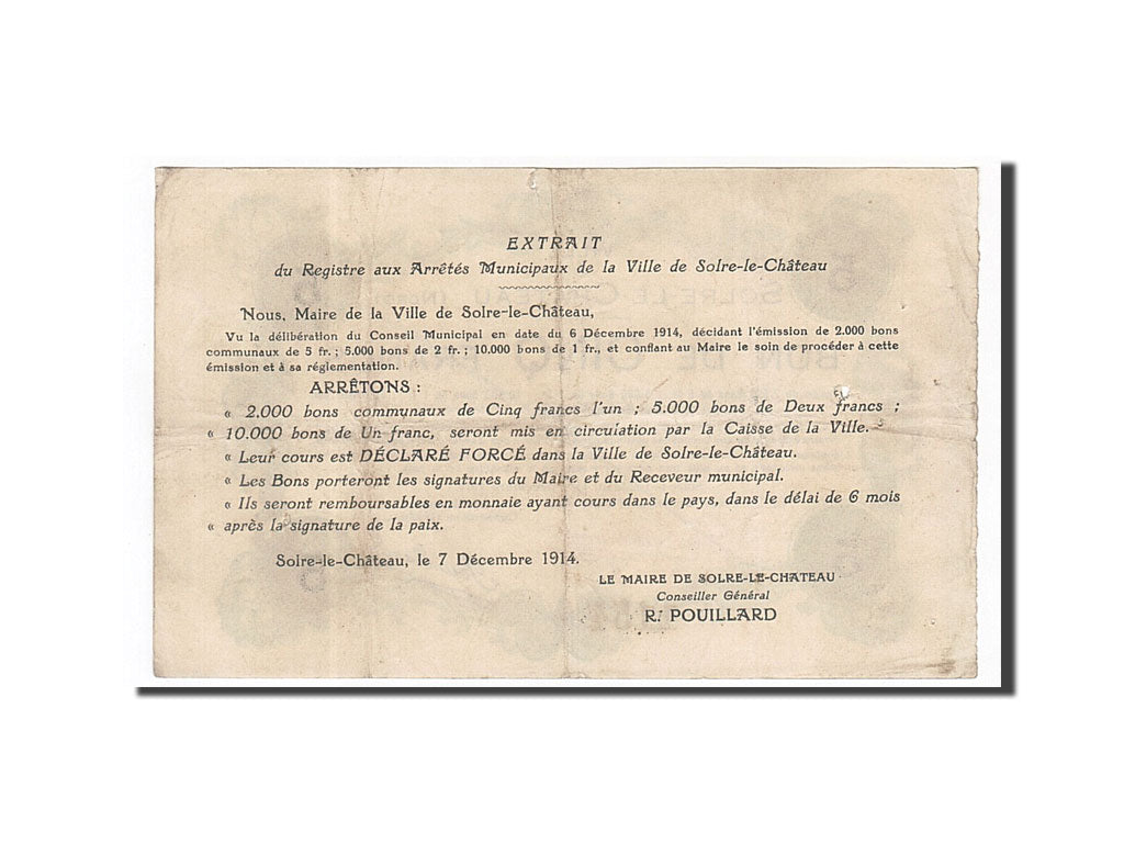 Geldschein, Frankreich, Solre-le-Château, 5 Francs, 1914, SS, Pirot:59-2375