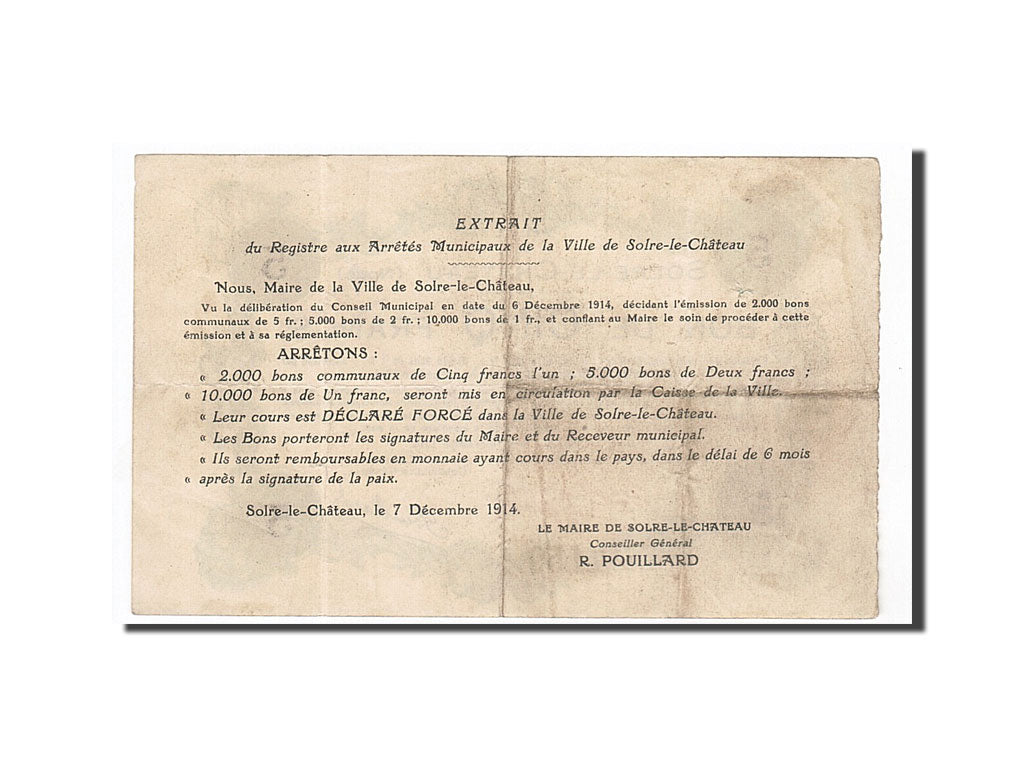 Geldschein, Frankreich, Solre-le-Château, 5 Francs, 1914, S+, Pirot:59-2375