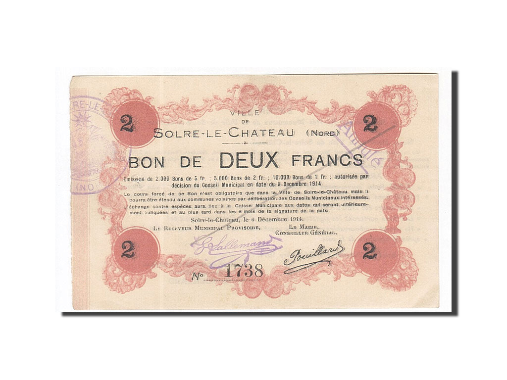 Banknote, Pirot:59-2373, 2 Francs, 1914, France, AU(55-58), Solre-le-Château