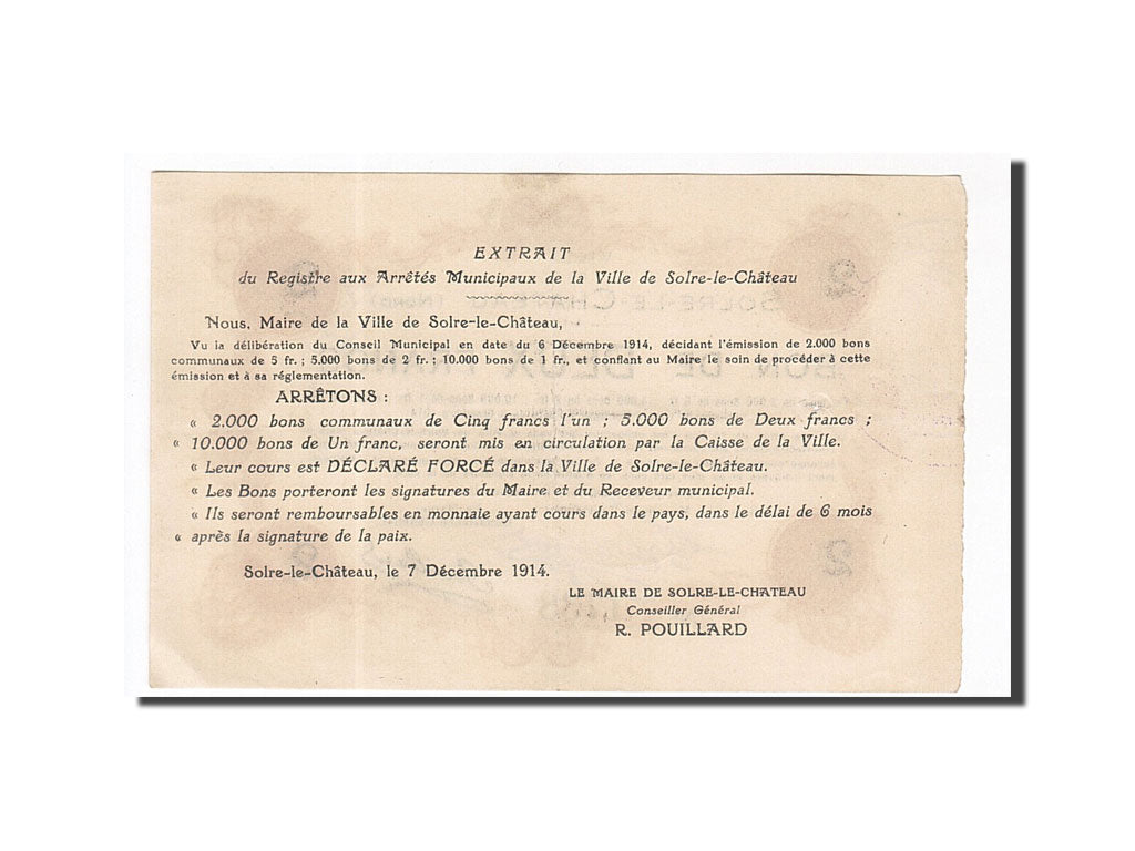 Banknote, Pirot:59-2373, 2 Francs, 1914, France, AU(55-58), Solre-le-Château