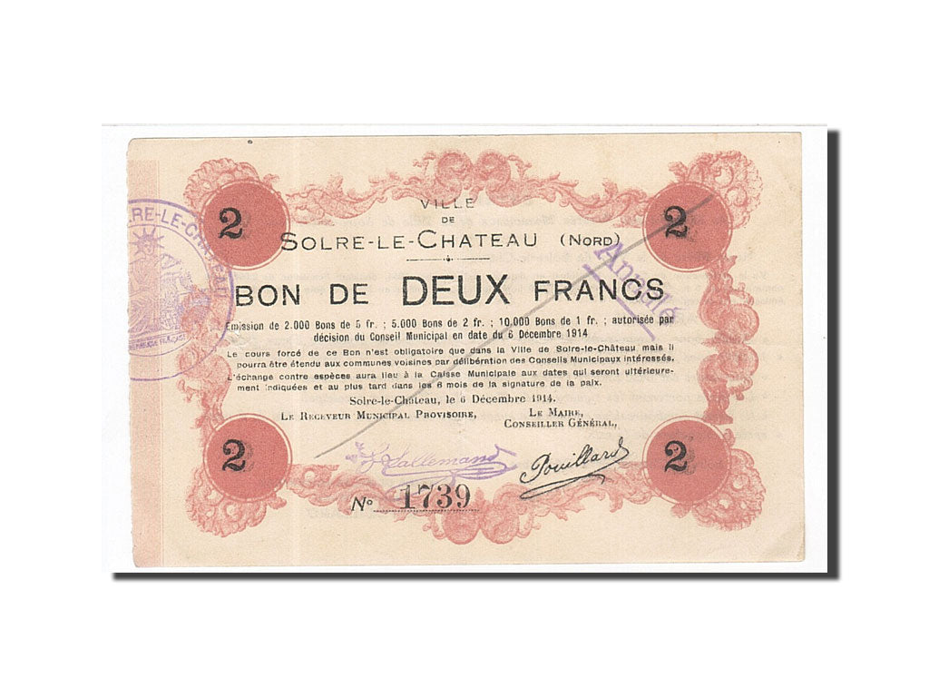 Geldschein, Frankreich, Solre-le-Château, 2 Francs, 1914, SS+, Pirot:59-2373