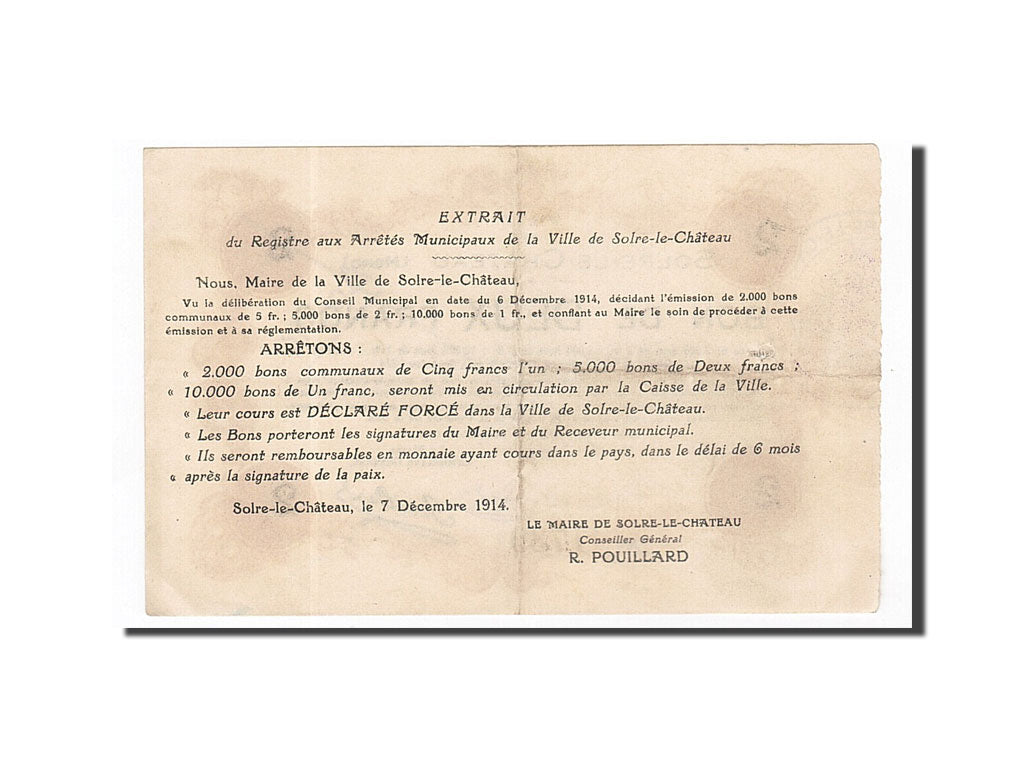 Geldschein, Frankreich, Solre-le-Château, 2 Francs, 1914, SS+, Pirot:59-2373