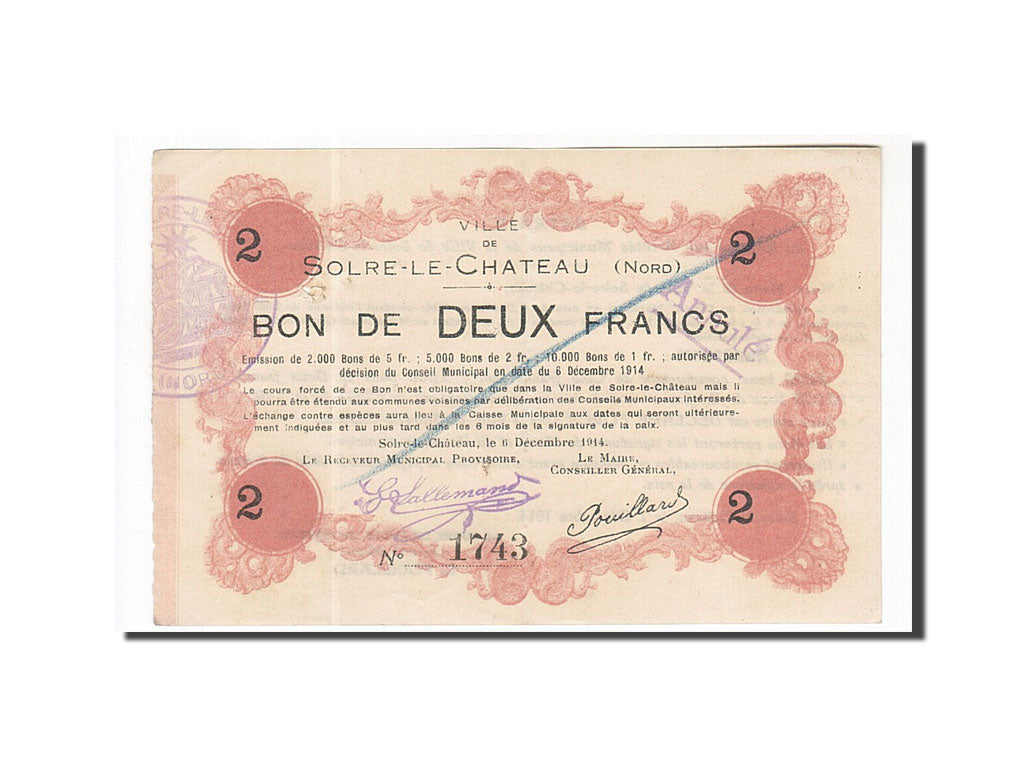 Geldschein, Frankreich, Solre-le-Château, 2 Francs, 1914, SS, Pirot:59-2373