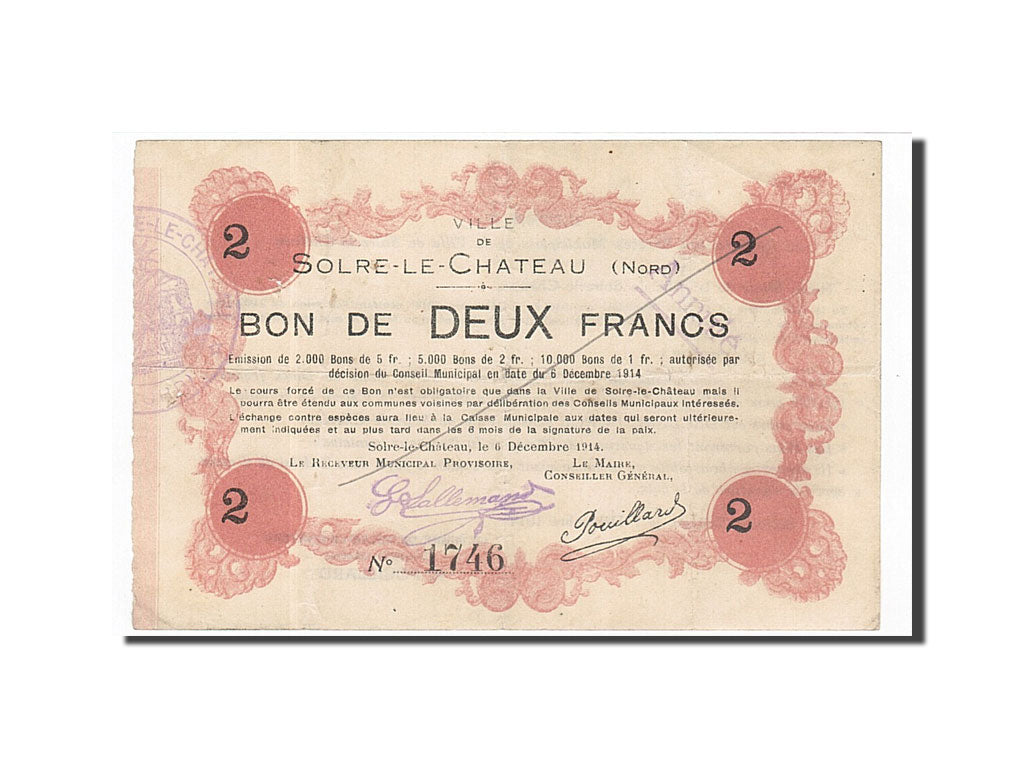 Banknot, Francja, Solre-le-Château, 2 Francs, 1914, VF(30-35), Pirot:59-2373