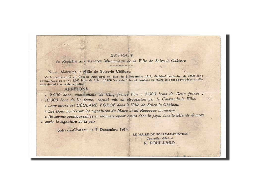 Banknot, Francja, Solre-le-Château, 2 Francs, 1914, VF(30-35), Pirot:59-2373