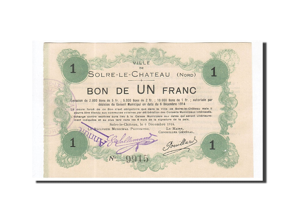 Banknote, Pirot:59-2372, 1 Franc, 1914, France, UNC(60-62), Solre-le-Château
