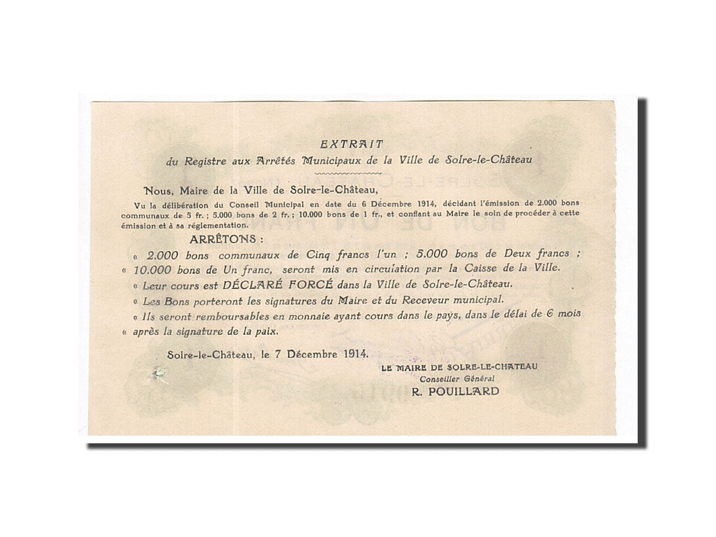 Banknote, Pirot:59-2372, 1 Franc, 1914, France, UNC(60-62), Solre-le-Château