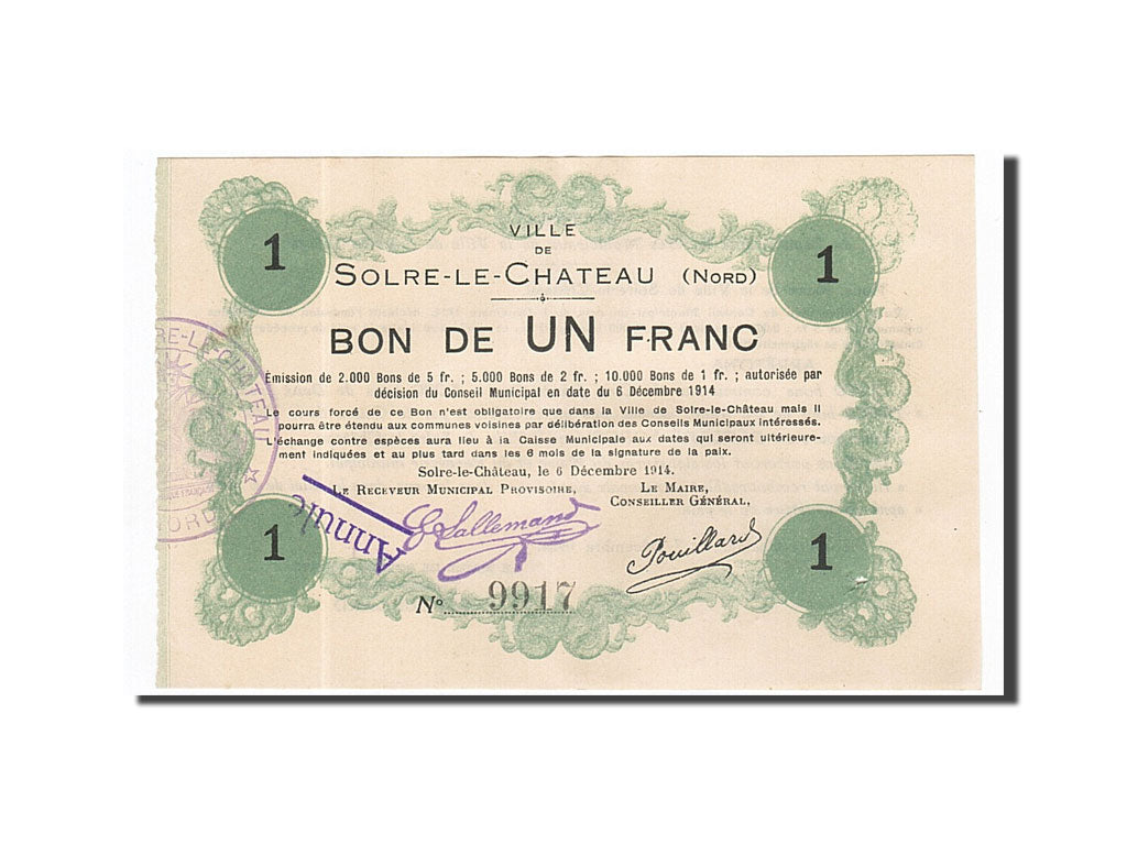 Banknote, Pirot:59-2372, 1 Franc, 1914, France, AU(55-58), Solre-le-Château