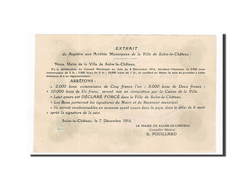 Banknote, Pirot:59-2372, 1 Franc, 1914, France, AU(55-58), Solre-le-Château