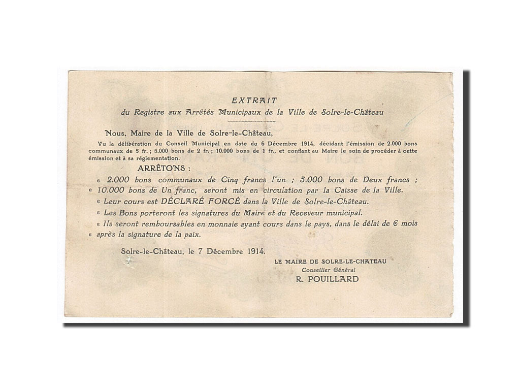Banknote, Pirot:59-2372, 1 Franc, 1914, France, AU(50-53), Solre-le-Château