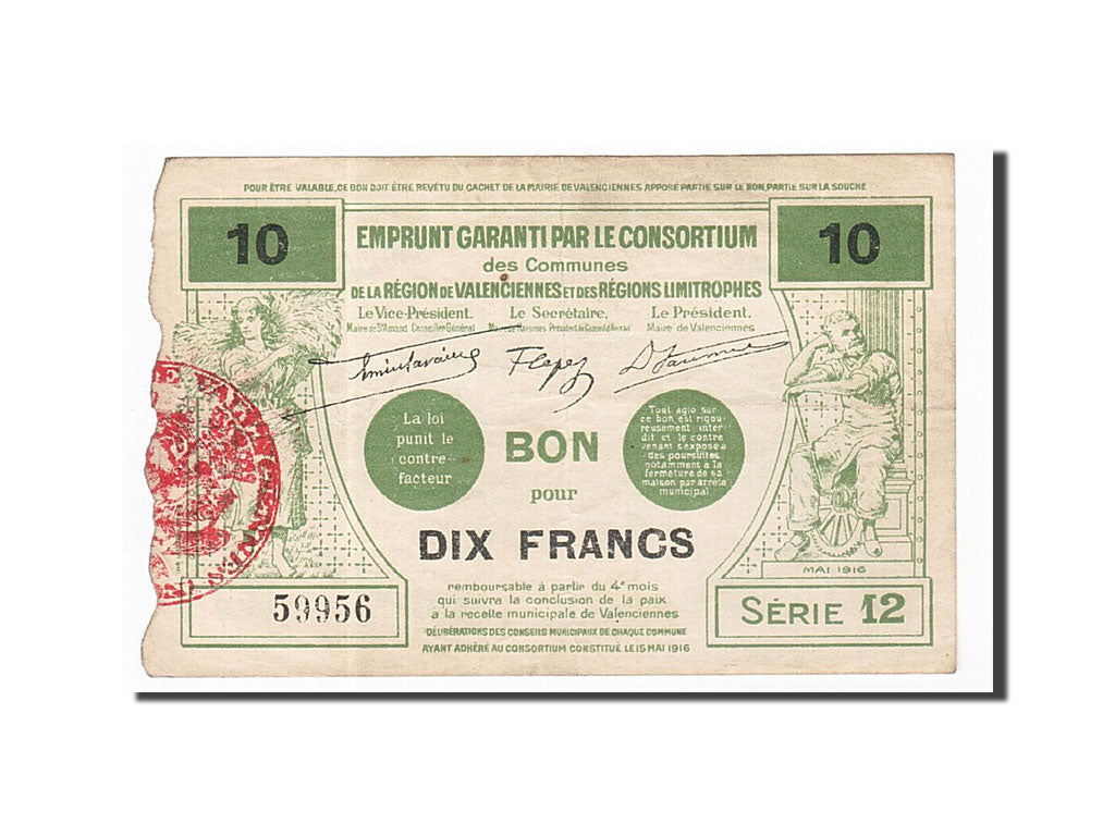 Banknote, Pirot:59-2569, 10 Francs, 1916, France, EF(40-45), Valenciennes