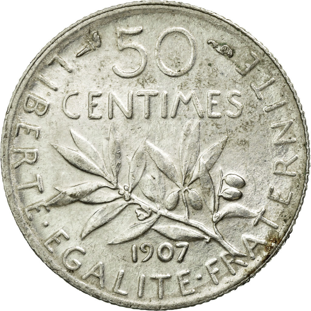 Moneta, Francja, Semeuse, 50 Centimes, 1907, Paris, AU(55-58), Srebro, KM:854
