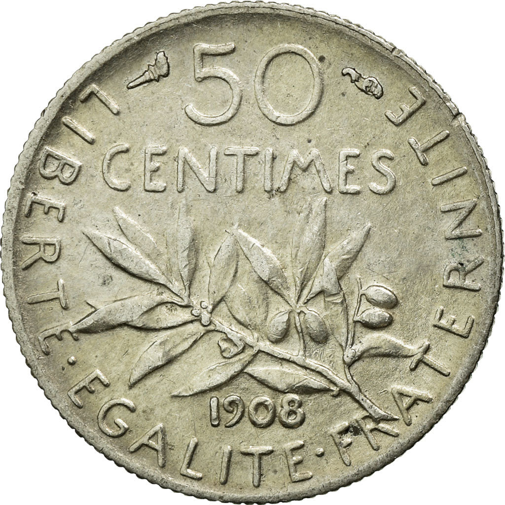 Moneta, Francja, Semeuse, 50 Centimes, 1908, Paris, AU(55-58), Srebro, KM:854