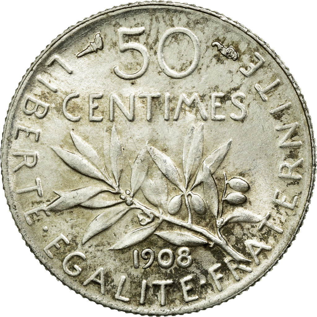 Moneta, Francja, Semeuse, 50 Centimes, 1908, Paris, MS(60-62), Srebro, KM:854